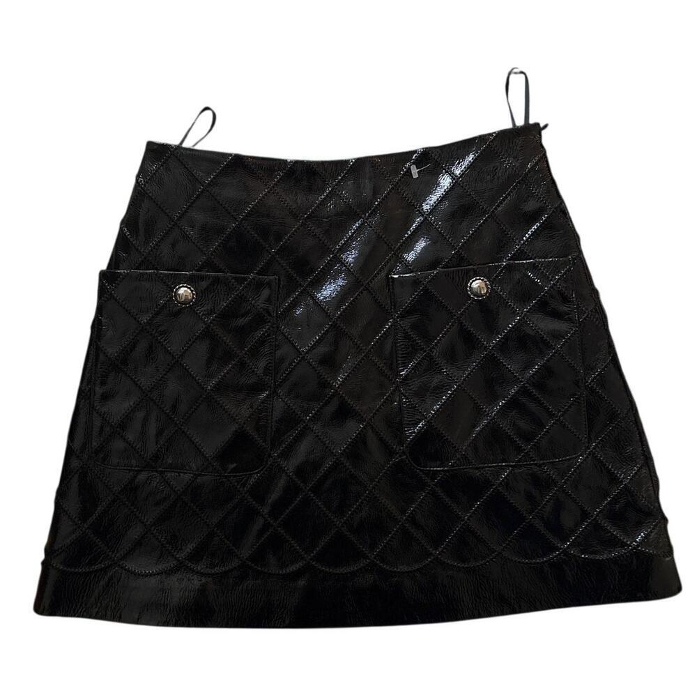 Rumere Black Patent Quilted Mini Skirt Silver Snap Pockets Moto Y2K Size 36 XS